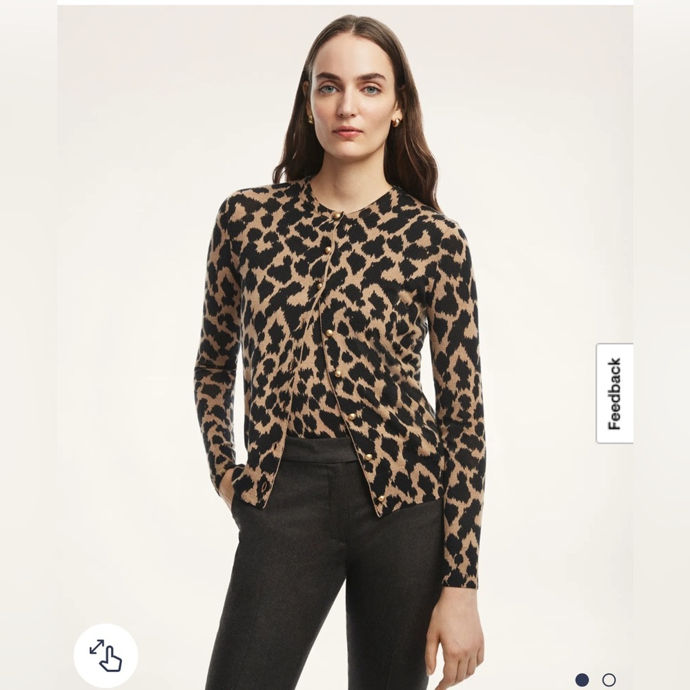 Brooks Brothers Merino Wool Animal Print Cardigan Size Small Brown Black